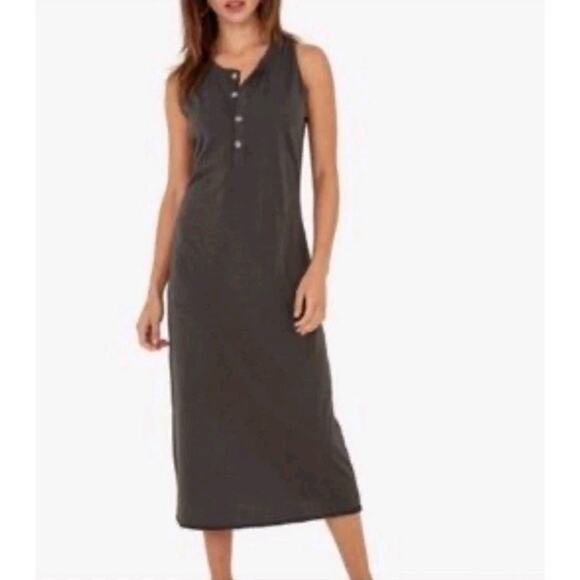MATE THE LABEL AVERY HENLEY Midi Cotton Knit DRESS Sz L CHARCOAL GRAY Sleeveless - Picture 1 of 11